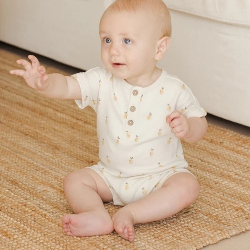 Quincy Mae Lemon Print Organic Cotton Baby Romper 0-3M Henley Neutral
